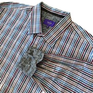 Tallia Mens Dress Shirt XXL 18.5 Flip Cuff Paisley Gingham Check Cotton Gray 2XL